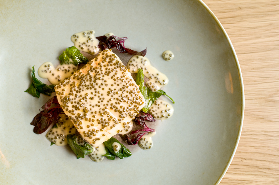 Braised fished bass, imperial caviar, sea potatoes smoked over beech wood
